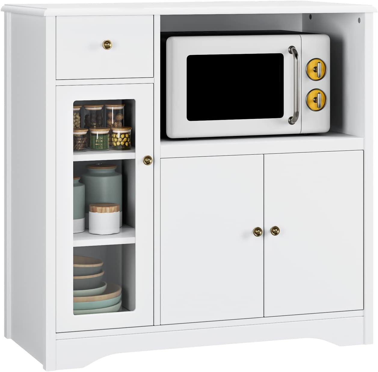 Adjustable White Kitchen Storage Cabinet with Microwave Shelf & Drawer 90x40x82c