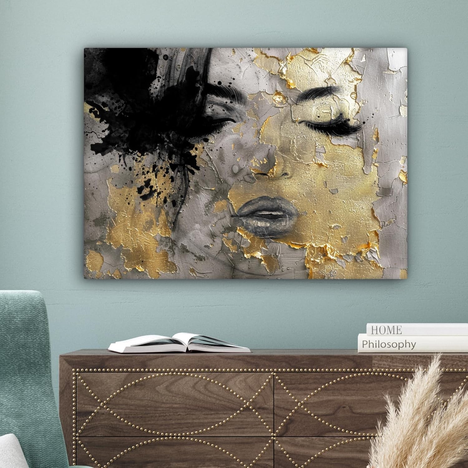 Abstract Woman Canvas Wall Art Gold Black Modern 70x50cm Living Room Decor