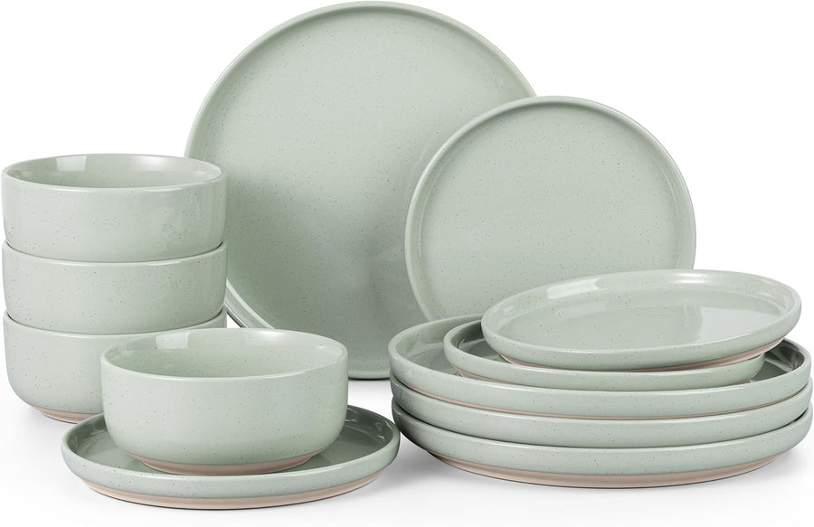 12pc Stoneware Dinnerware Set Plates Bowls Green for 4