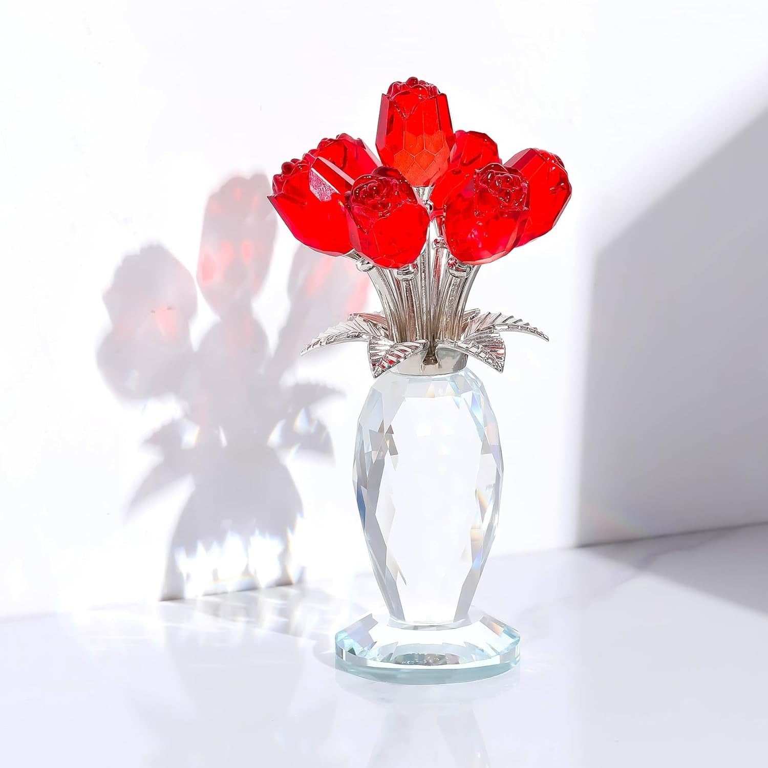 Red Crystal Rose Bouquet Ornament Glass Flower Figurine Gift for Women Decor