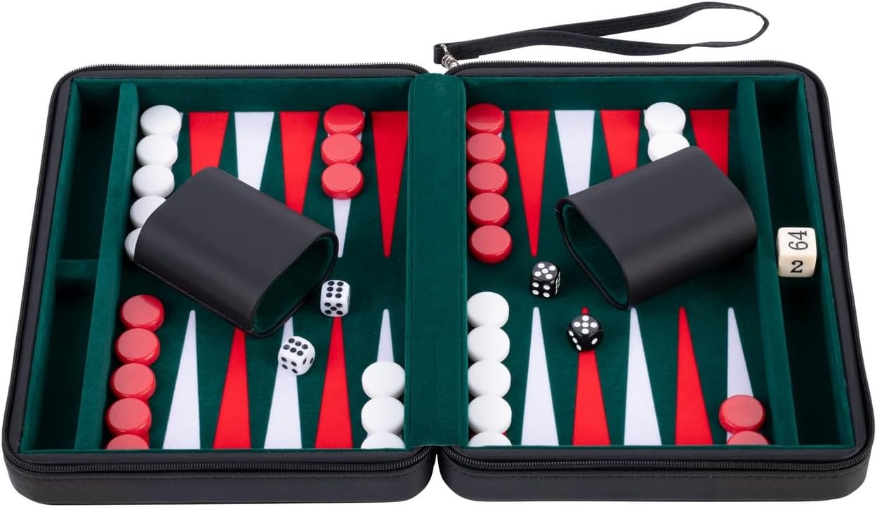 Travel Backgammon Set 9in Deluxe Faux Leather Zip Portable Board Game