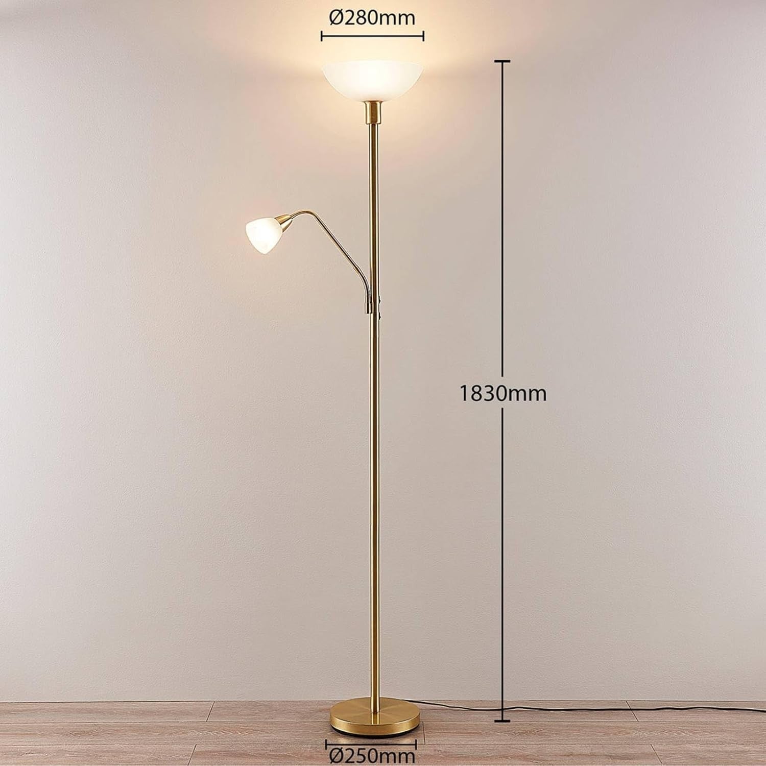 Gold Uplighter Floor Lamp with Reading Arm Matt Brass Frosted Glass