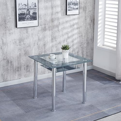 Glass Dining Table 105x70cm Modern Rectangular Grey with Lower Shelf