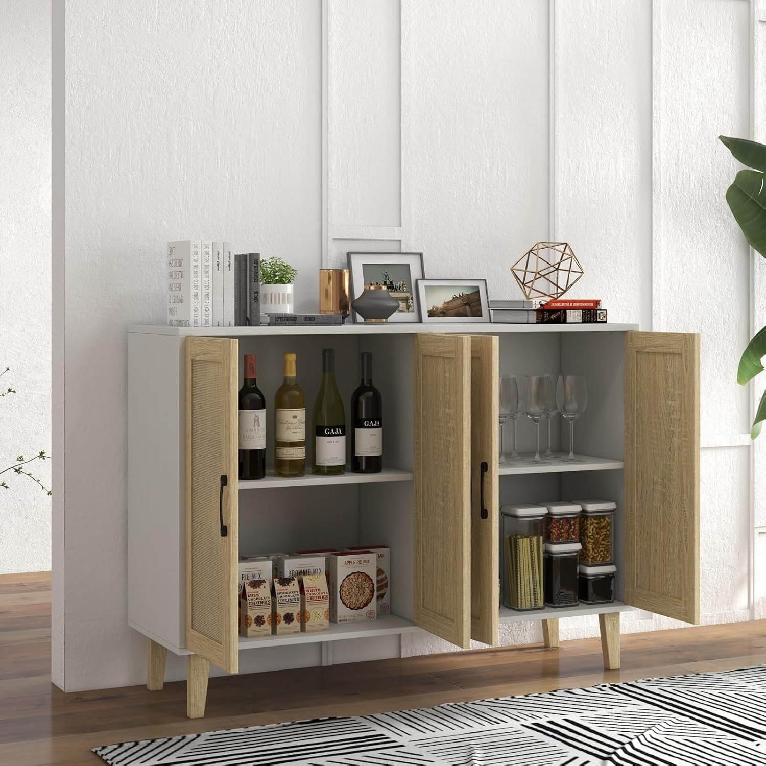 White Buffet Storage Cabinet with Adjustable Shelves Rattan Accent Modern