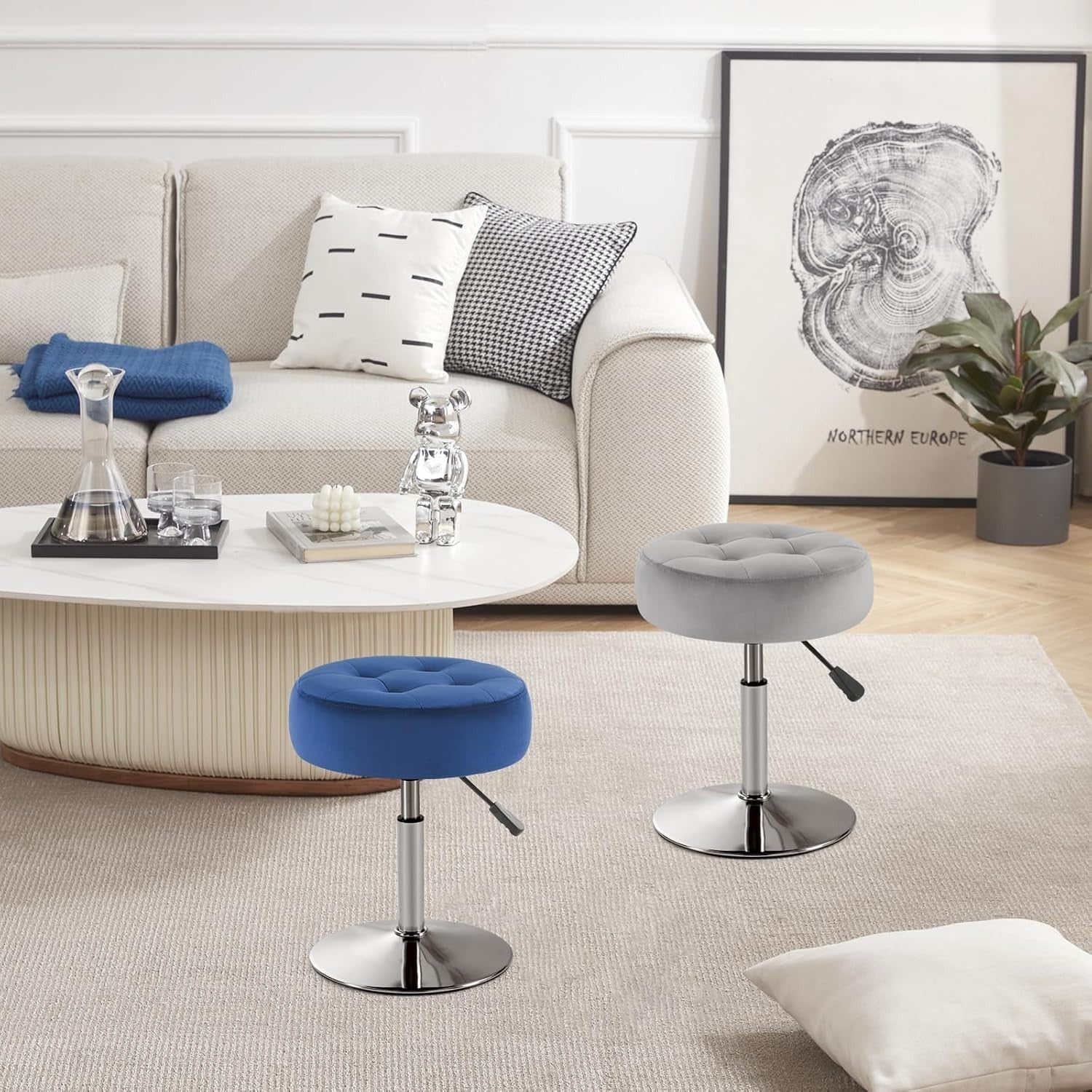 Grey Velvet Adjustable Vanity Chair – Round Swivel Makeup Stool Chrome Base