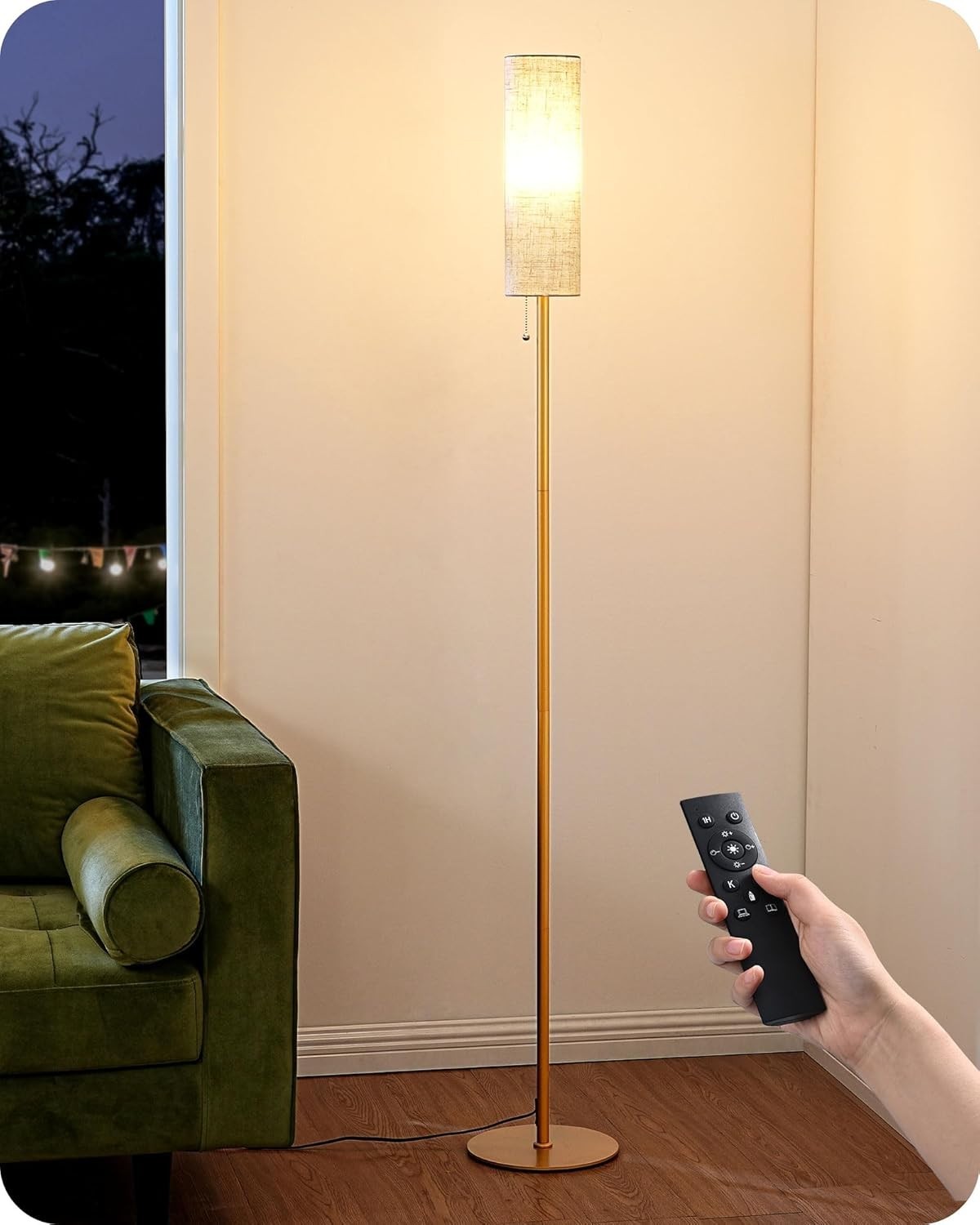 Gold LED Floor Lamp Dimmable Standing Light Remote Control Round Linen Shade
