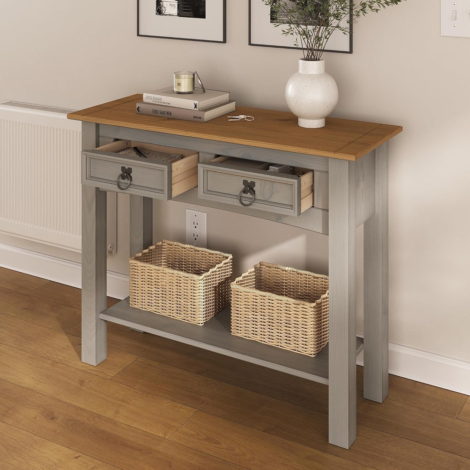 Grey Pine Console Table with 2 Drawers – Storage & Writing Desk