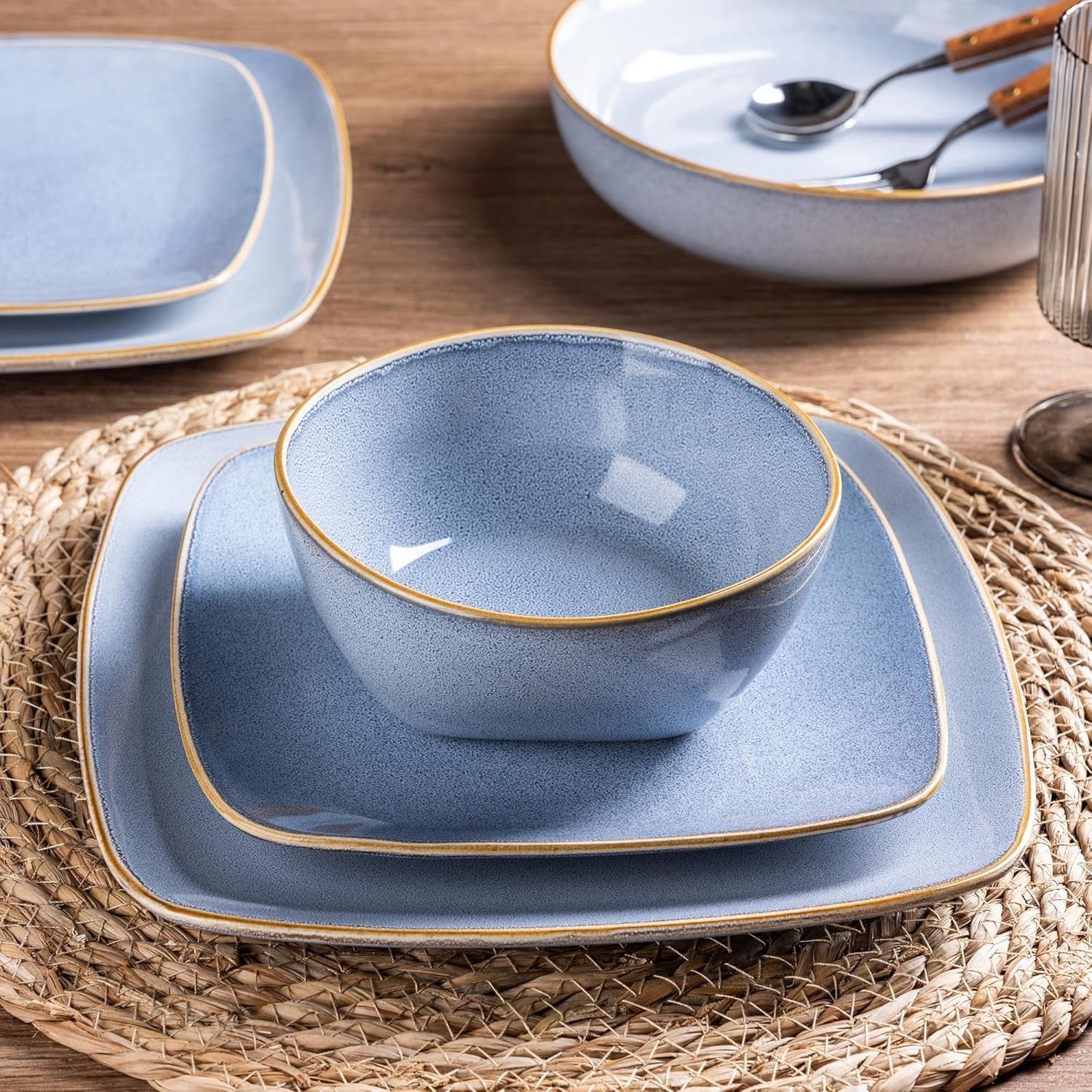 12pc Square Dinnerware Set Reactive Blue Stoneware Scratch Resistant Dishwasher