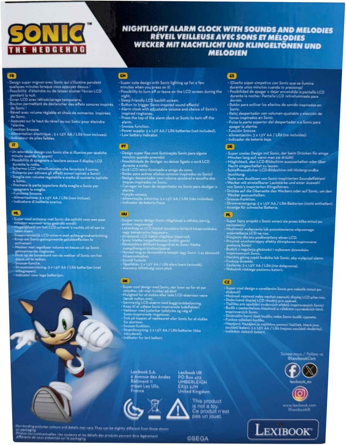 Kids Blue Hedgehog Alarm Clock Night Light LCD Snooze Sound Effects