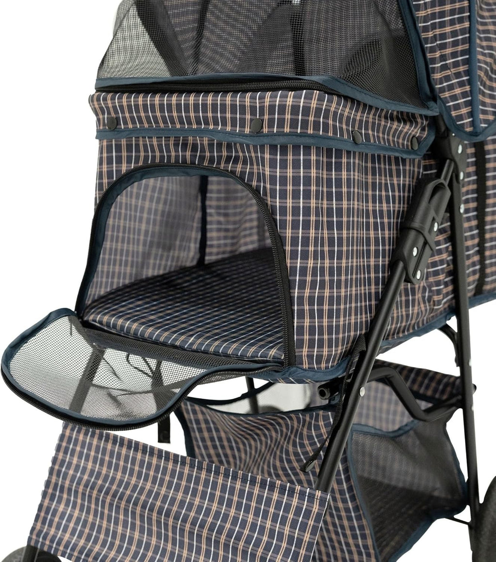 Blue Tartan Pet Stroller Pushchair Foldable Dog Cat Pram 15kg with Brakes