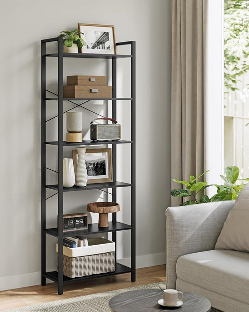 6-Tier Industrial Bookshelf 186cm Tall Wide Storage Unit Ebony Black