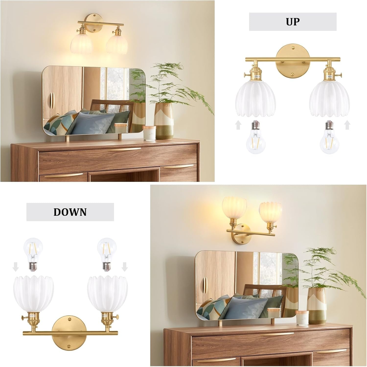 2-Light White Glass Wall Sconce Vanity Light Brass Fixture for Bathroom