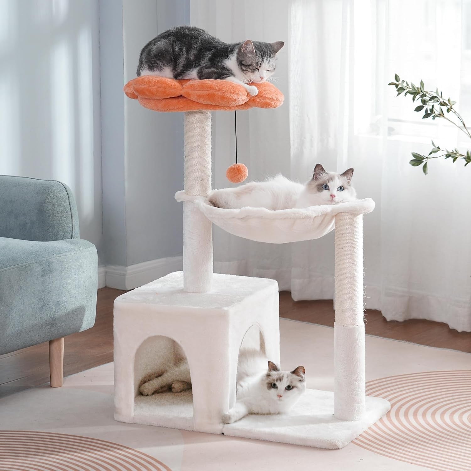 Beige Flower Cat Tree Tower with Hammock Condo Sisal Scratching Post