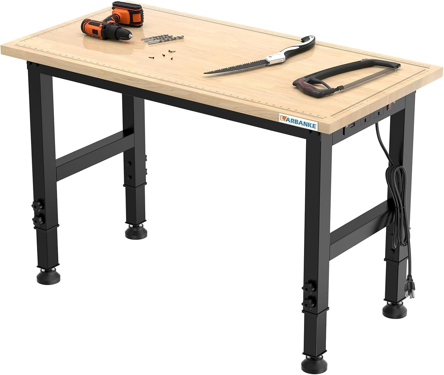 120cm Adjustable Workbench 900kg Heavy Duty Rubberwood Table with Power Panel