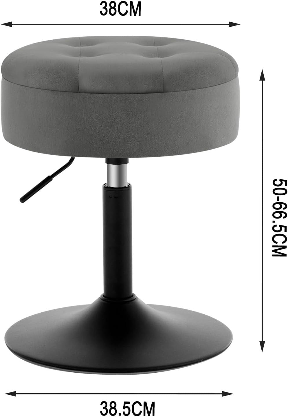 Dark Grey Velvet Swivel Vanity Stool with Storage Round Adjustable Seat