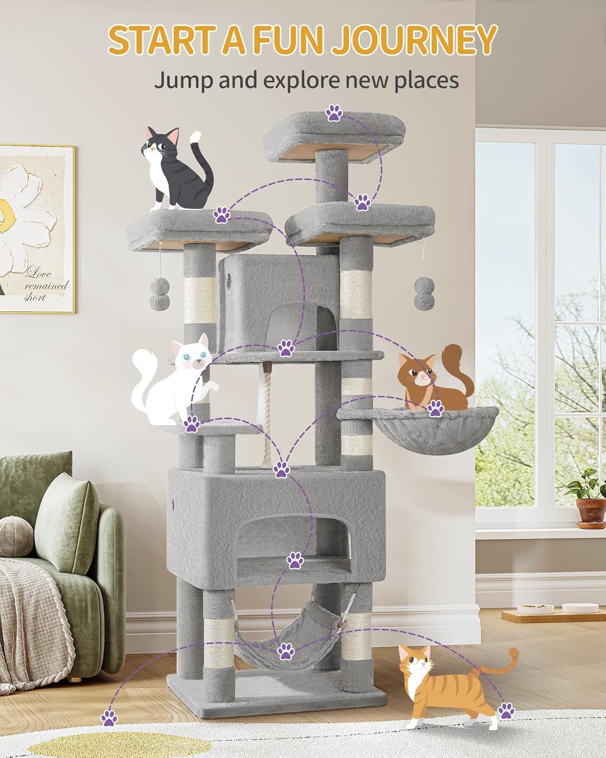 Large Cat Tree 176cm Multi-Level Tower with Condos Hammock Posts