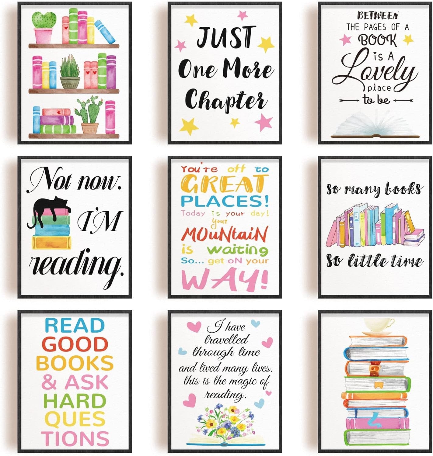 Reading Wall Art Posters Set 9pc 10x8in Classroom Quotes