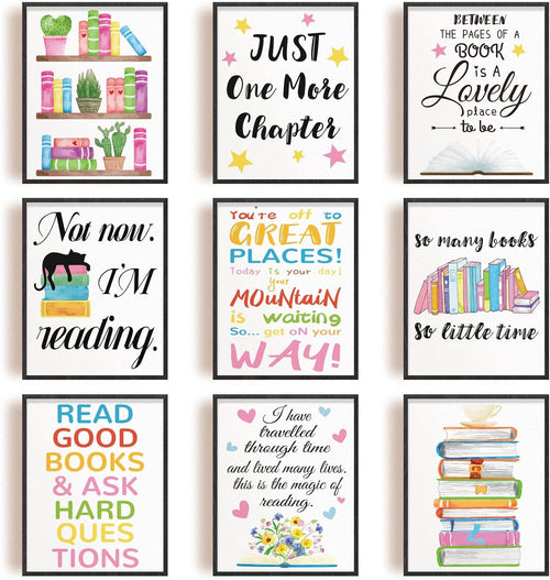 Reading Wall Art Posters Set 9pc 10x8in Classroom Quotes