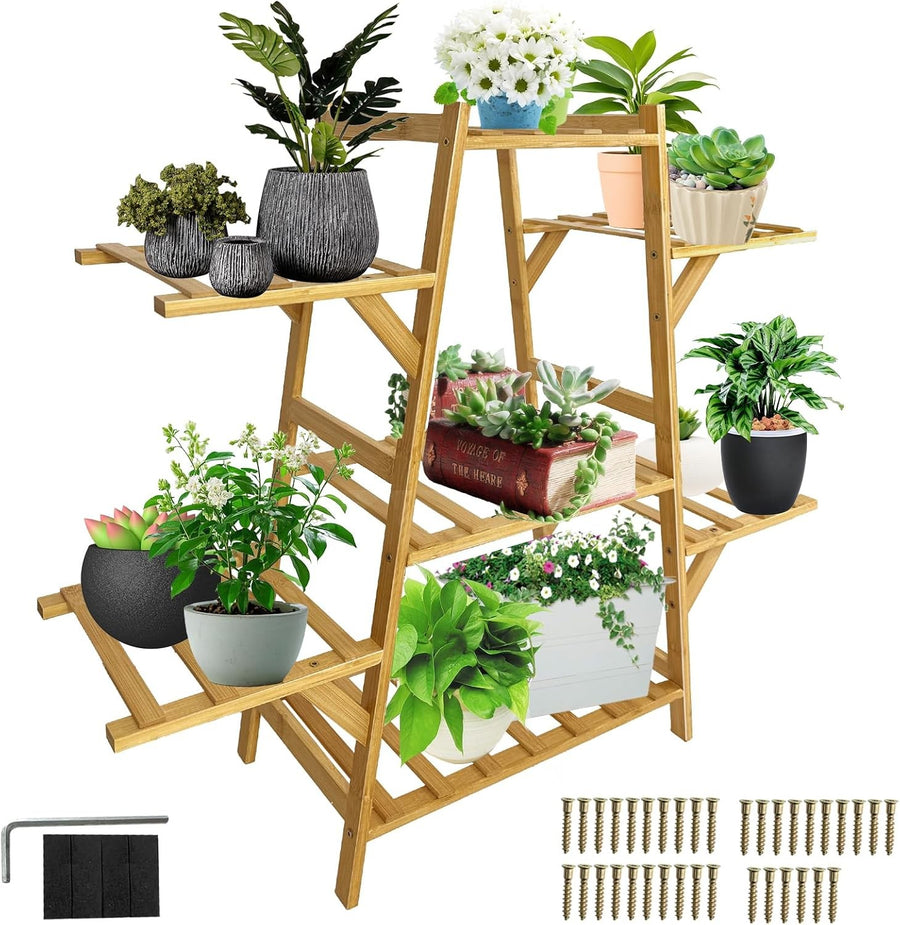 5 Tier Bamboo Plant Stand Indoor Outdoor Corner Shelf Multi-Level Flower Rack