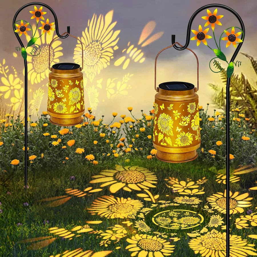2 Pack Sunflower Solar Lanterns Outdoor Metal LED Lights