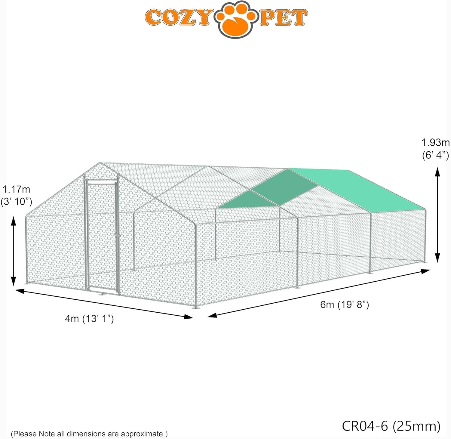 4x6m Walk In Chicken Run 25mm Galvanised Steel Pen
