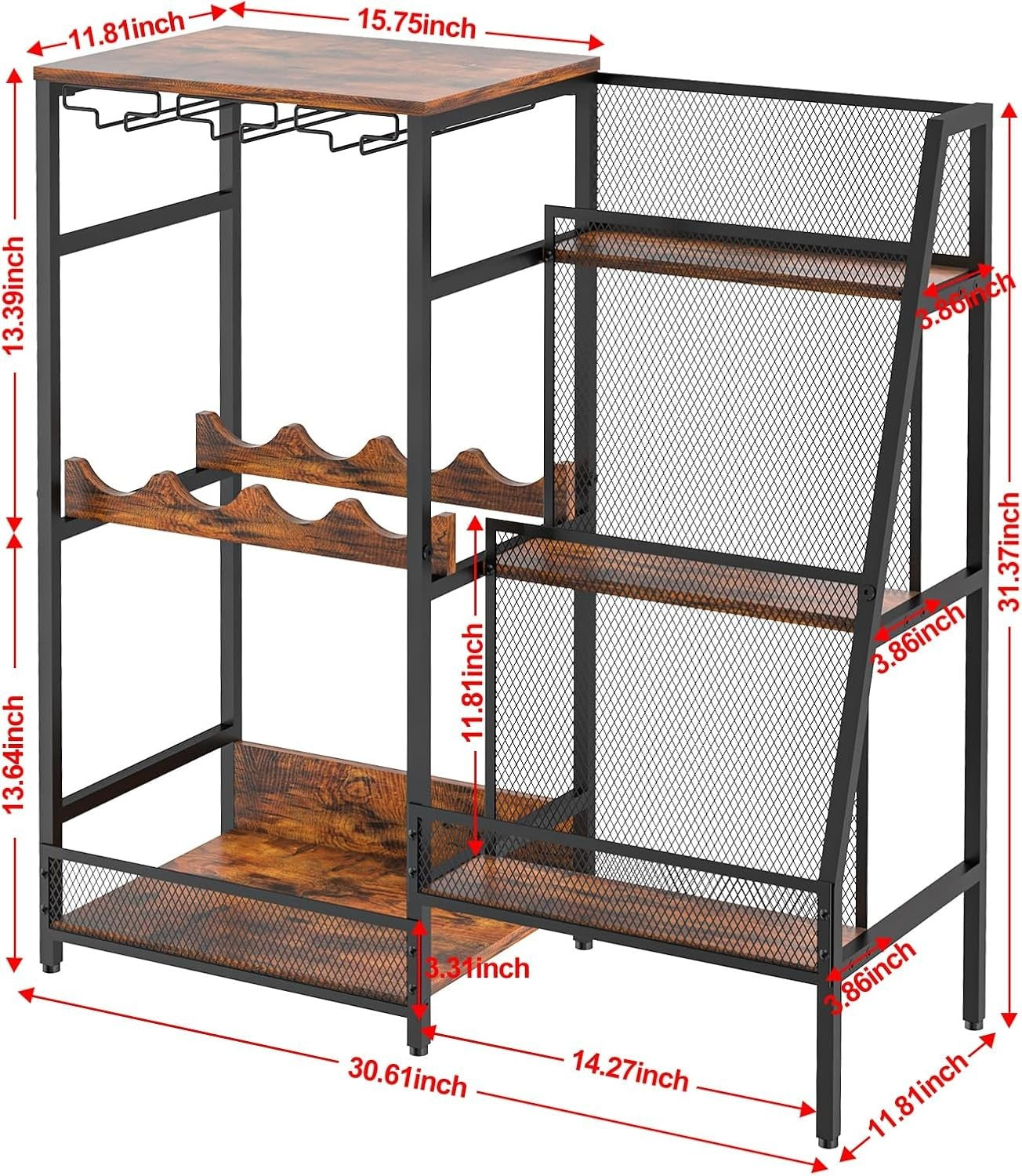 Freestanding Home Bar Liquor Rack with Glass Holder, 3-Tier Wine Display Shelf