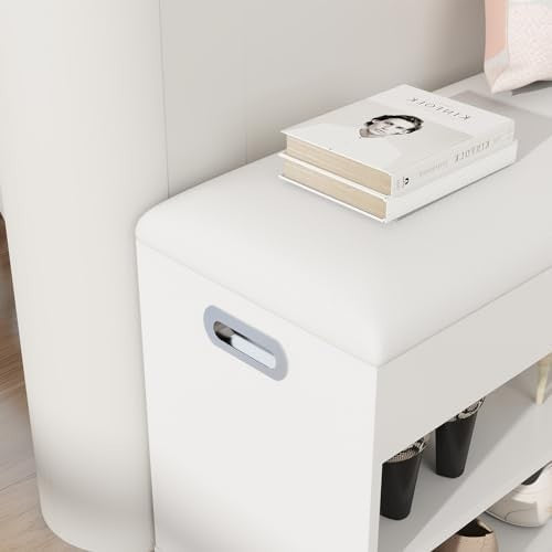 Modern White Shoe Bench with Padded Seat & Hidden Storage | Entryway
