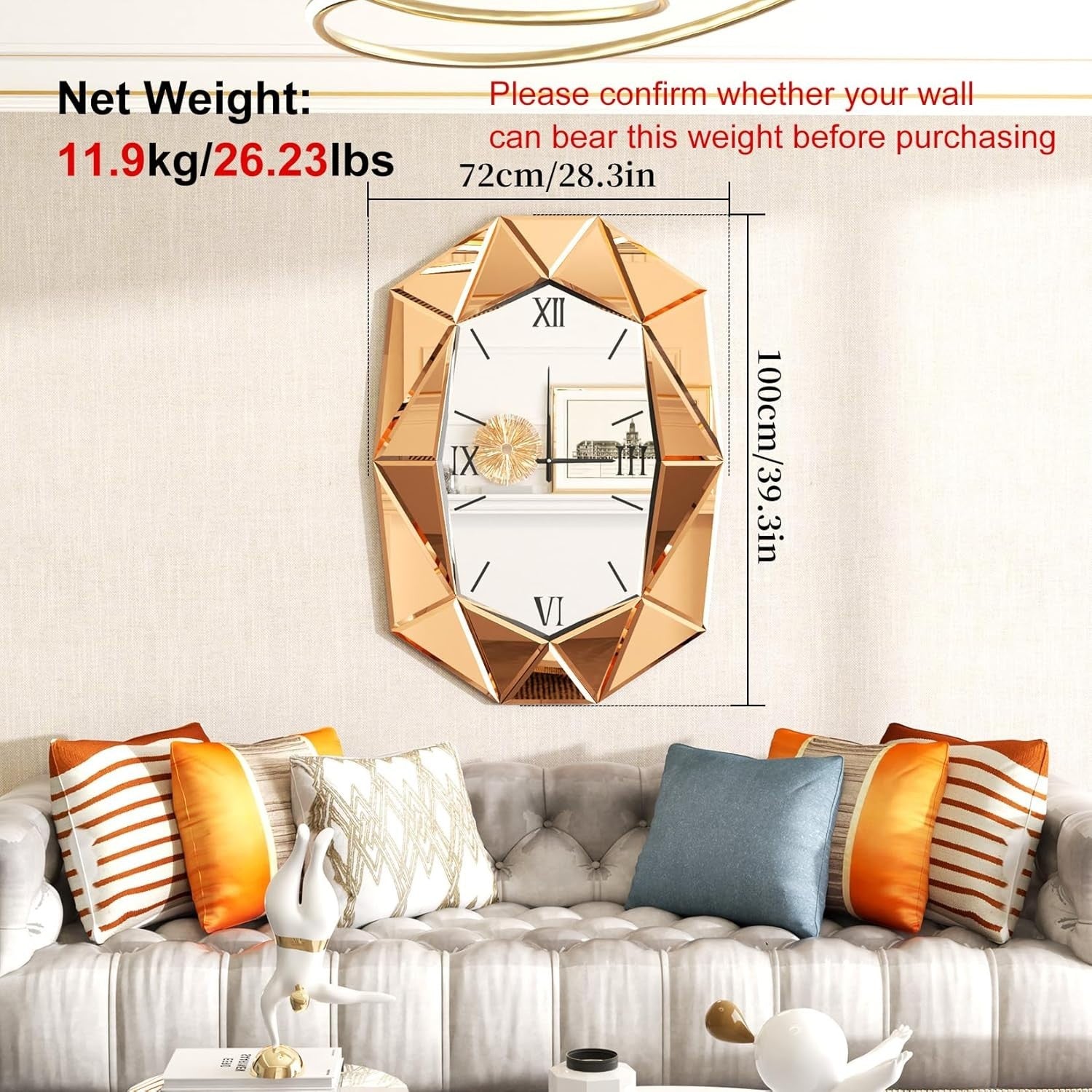 Beveled Glass Wall Clock Mirror with Roman Numerals 100x72cm Luxury Decor