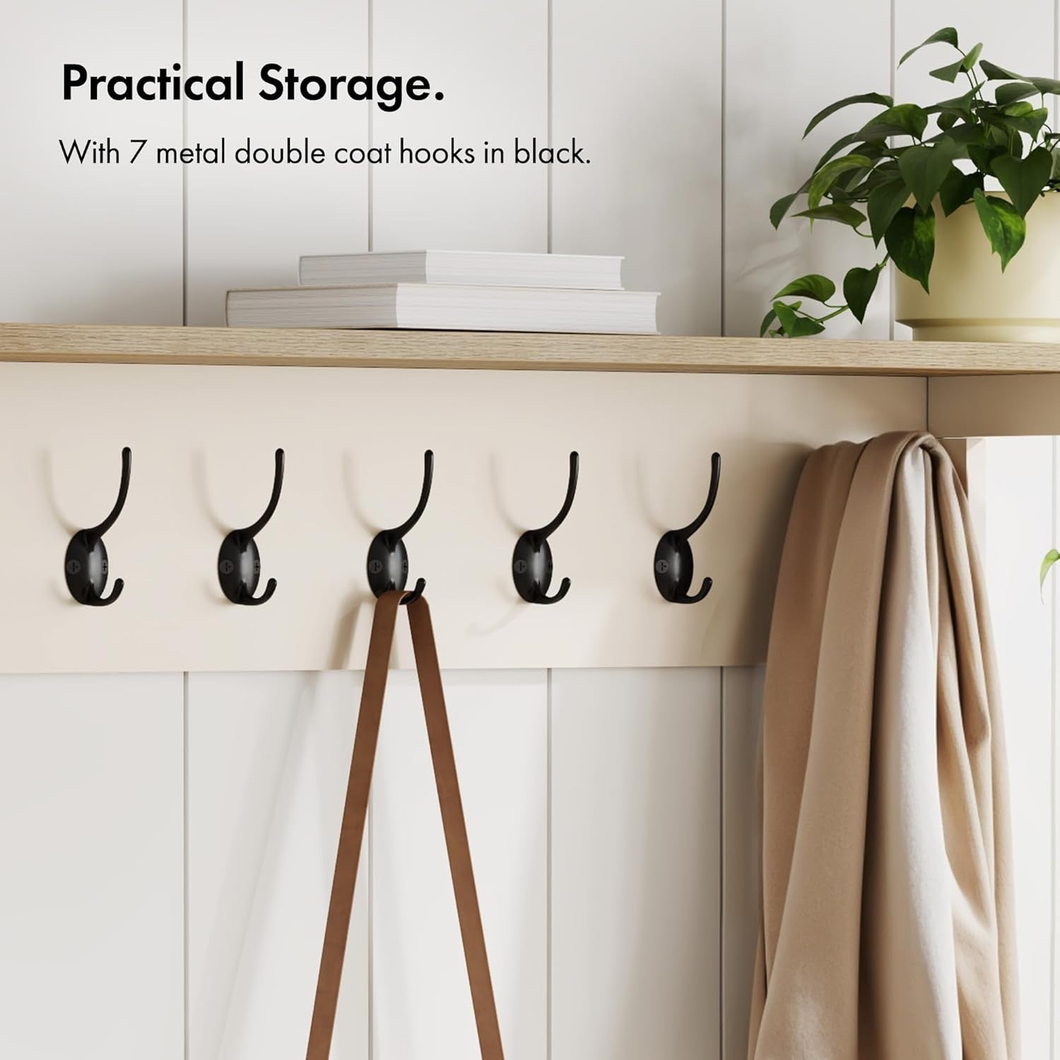 Cream Wall Mounted Coat Rack with Shelf | 7 Double Hooks Hallway Organiser
