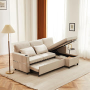 L Shape Sofa Bed w/Storage Pull Out Sleeper Cup Holders Beige 3 Seater