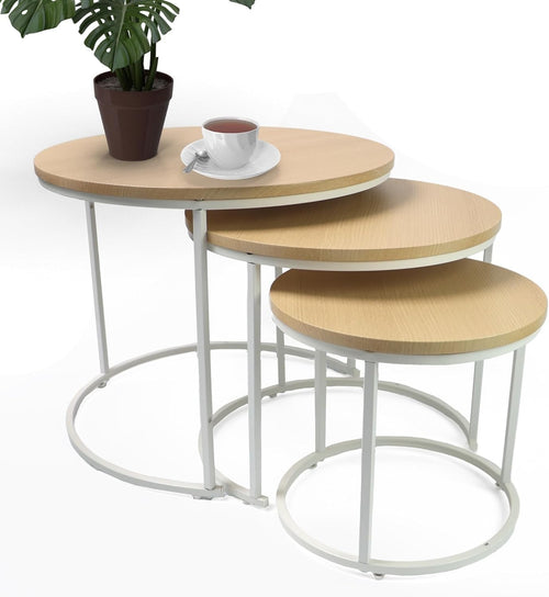 Round Nesting Coffee Table Set of 3 – Space-Saving Modern End Tables, White