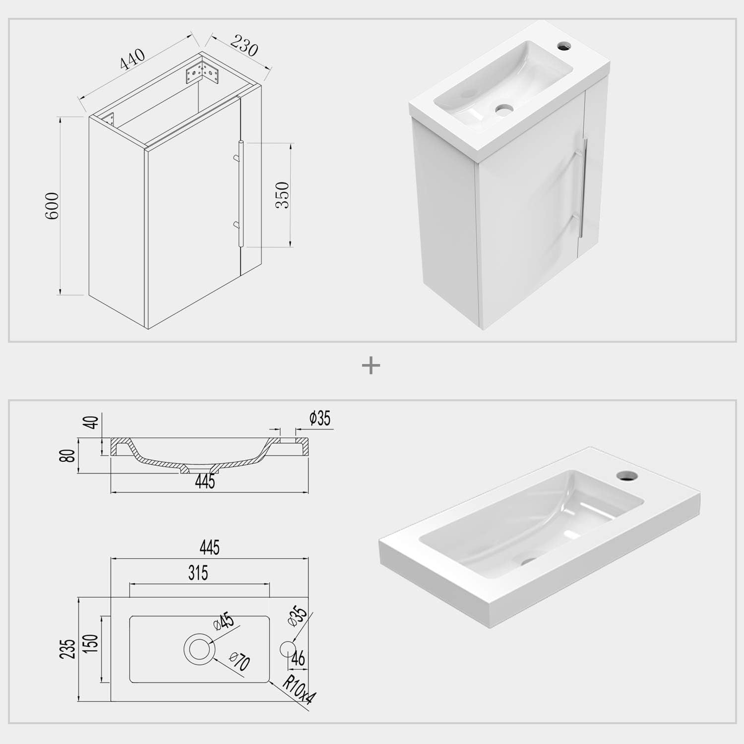 Cloakroom Wall Hung Vanity Unit with Basin White Compact Sink Storage Cabinet