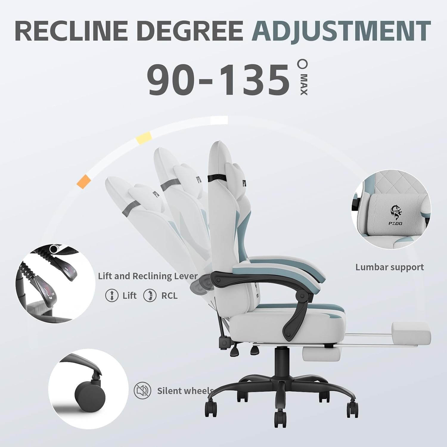 Reclining Office Gaming Chair with Footrest Ergonomic Fabric Grey