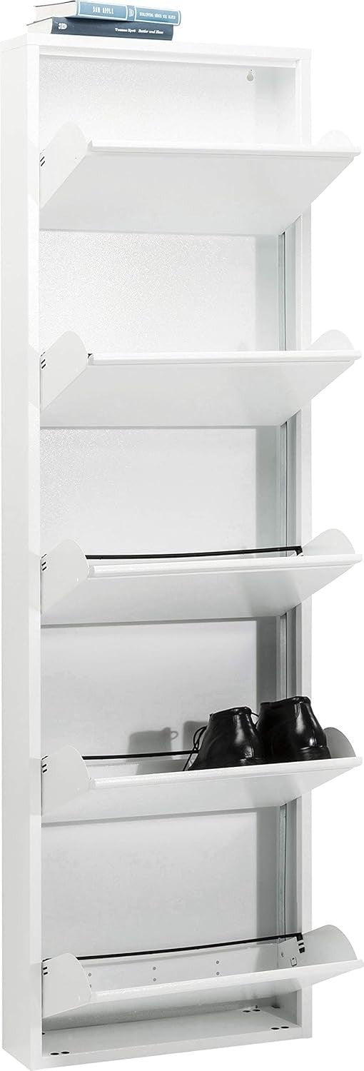 Slim 5-Drawer Shoe Cabinet White– Space-Saving Metal Tilt Rack 170x50x15cm