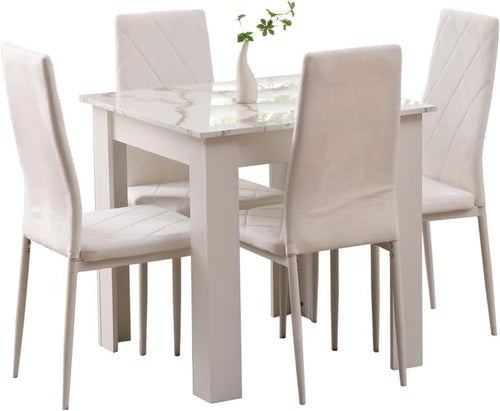 4 Piece Marble Dining Table Set with 4 Velvet Chairs for Small Spaces