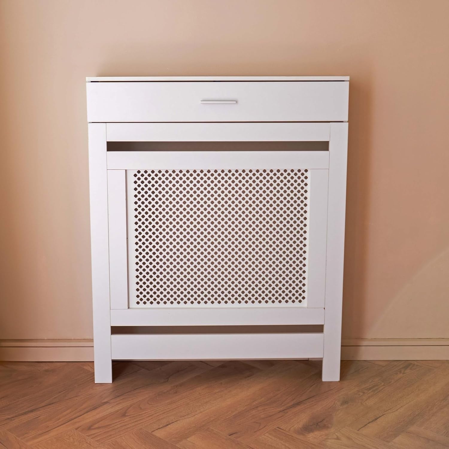 White Radiator Cover with Drawer Diamond Slat W78xH96cm Modern Wooden Cabinet