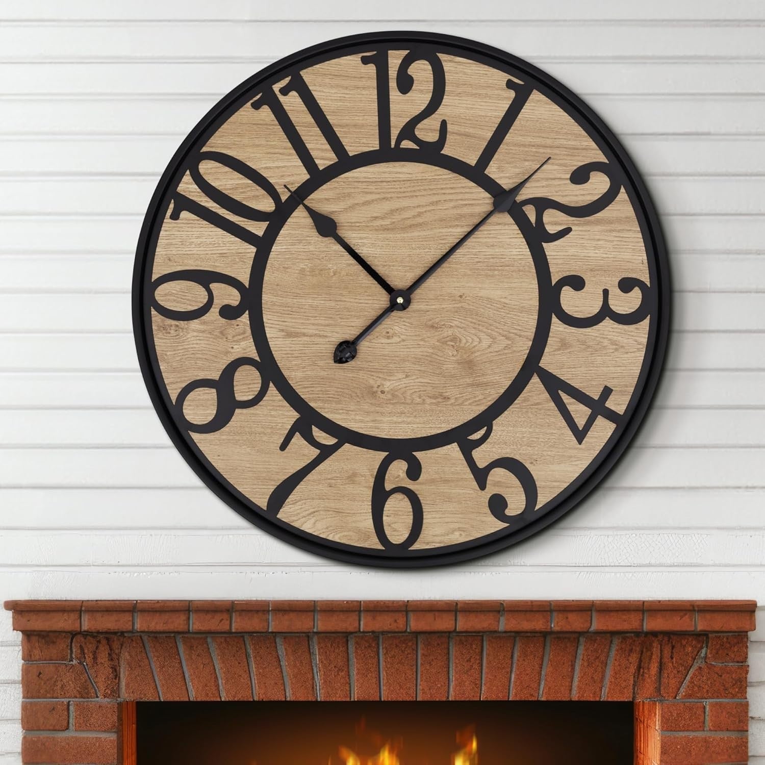24" Rustic Silent Wall Clock Metal Wood Farmhouse Decor Large Modern