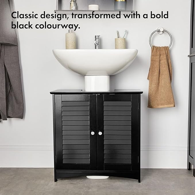 Black Under Sink Bathroom Cabinet 60cm Vanity Unit with Shelves Shutter Doors