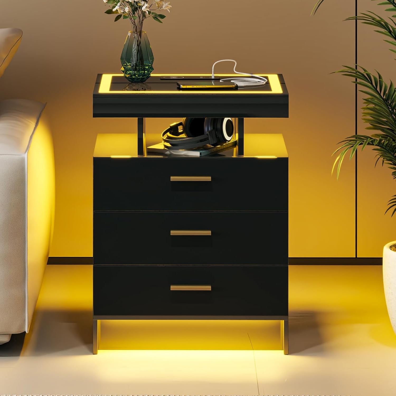 Black LED Bedside Table with Wireless Charging, Glass Top & 3 Drawer Storage