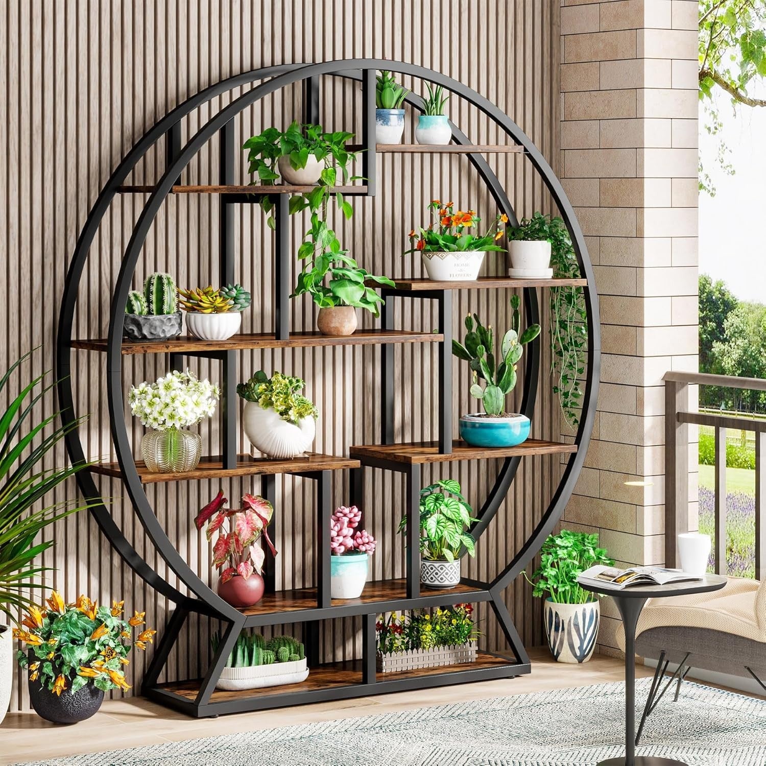 160cm Round Industrial Bookcase 5 Tier Metal Wood Display Shelf Organizer