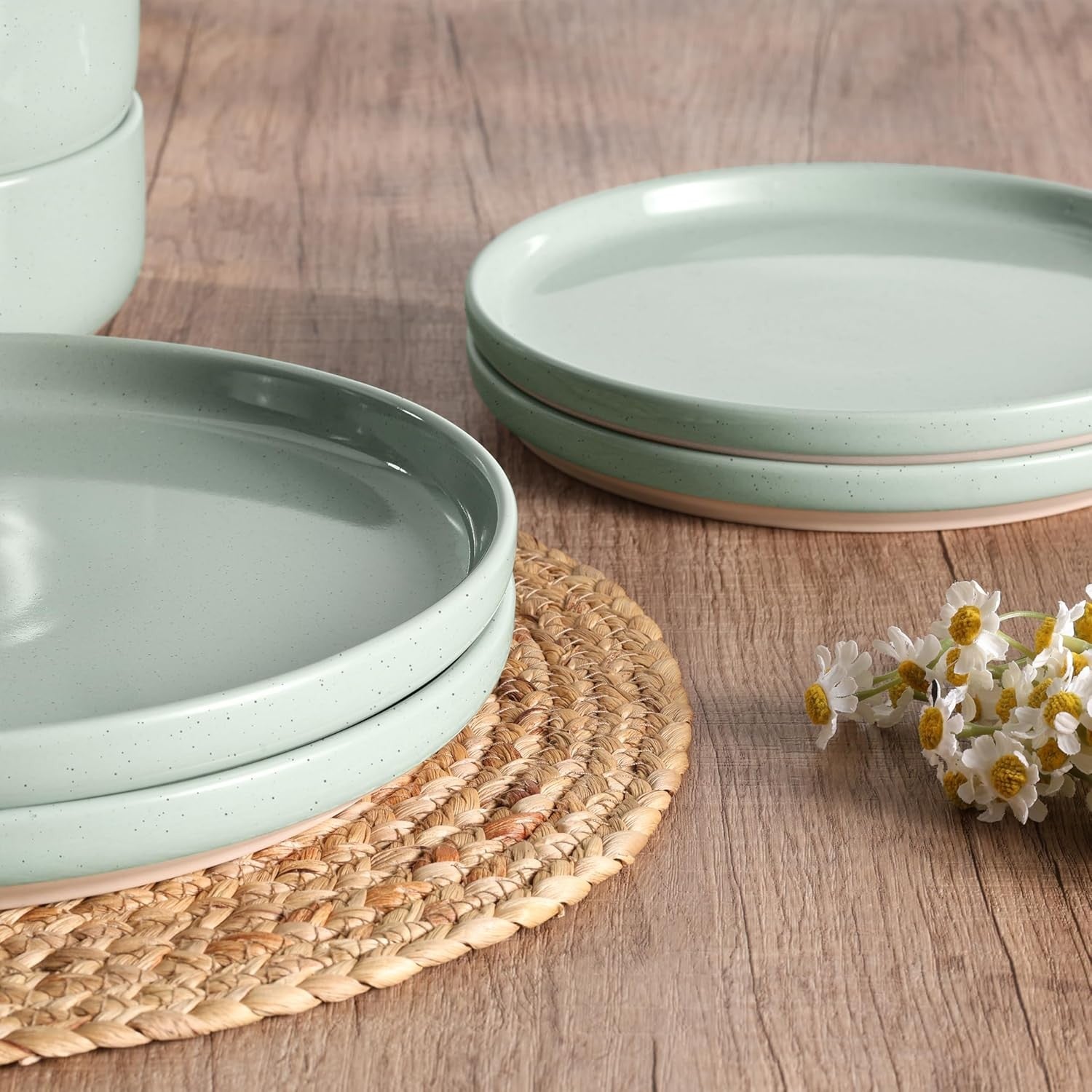 6pc Stoneware Dinnerware Set Plates Bowls Green for 2