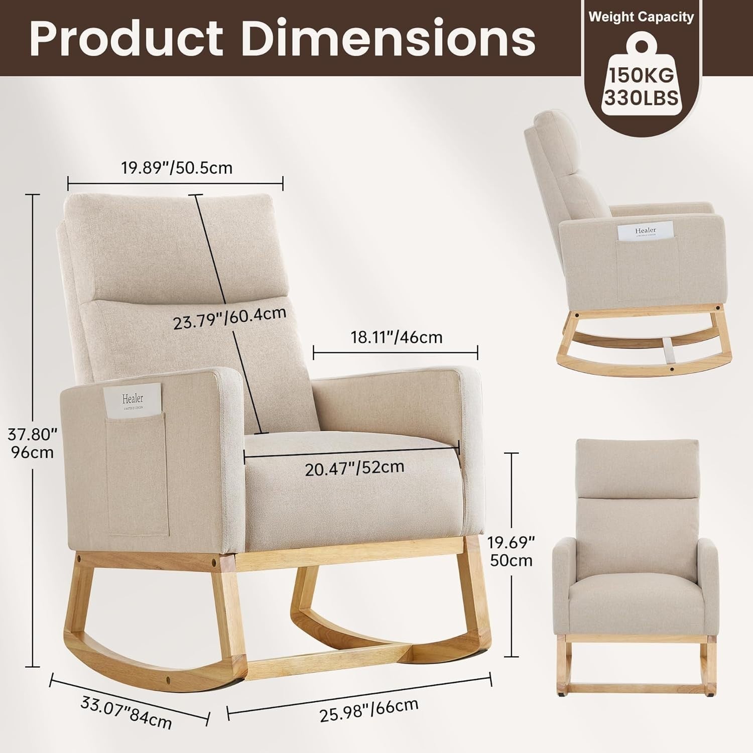 High Back Nursing Rocking Chair with Side Pockets & Durable Wood Base