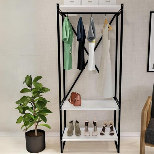 3-Tier White Wooden Coat Rack & Shoe Storage Stand with Metal Frame