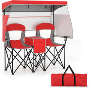 Red Folding Camping Loveseat w/ Canopy, Cup Holders & Cooler Bag, 2 Seat