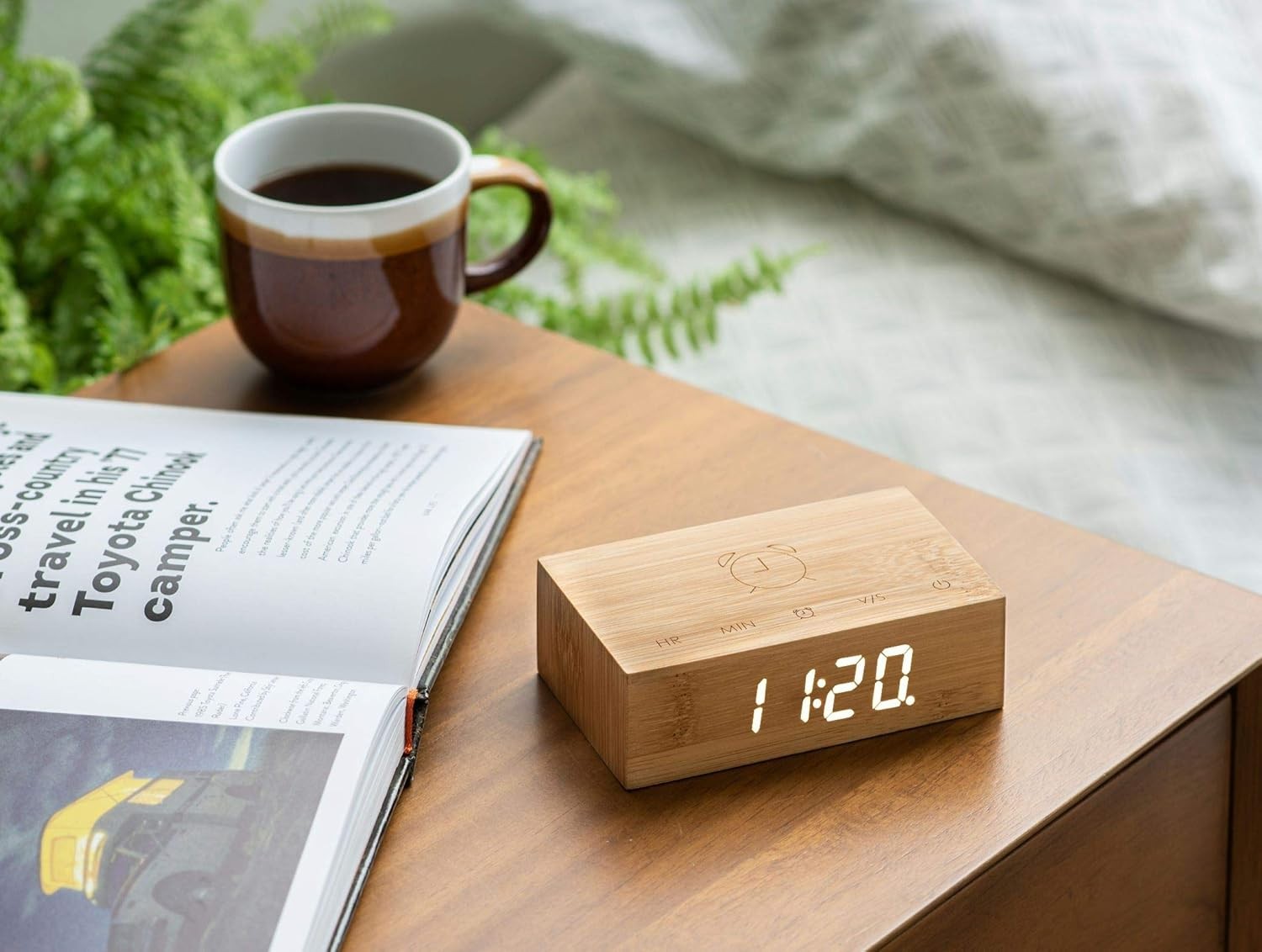 Brown Wood Digital Alarm Clock LED Display Touch Control Minimalist