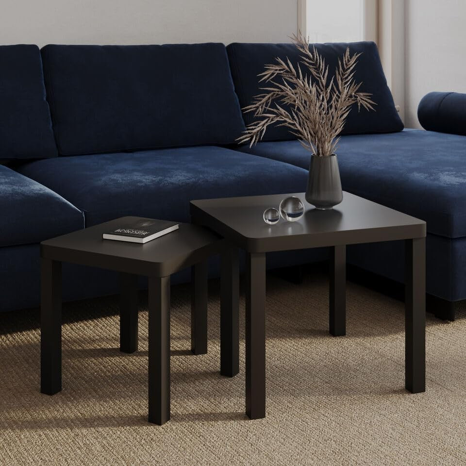 Square Black Nesting End Table Set of 2 Wood Beside Coffee Sofa Side Space Savin