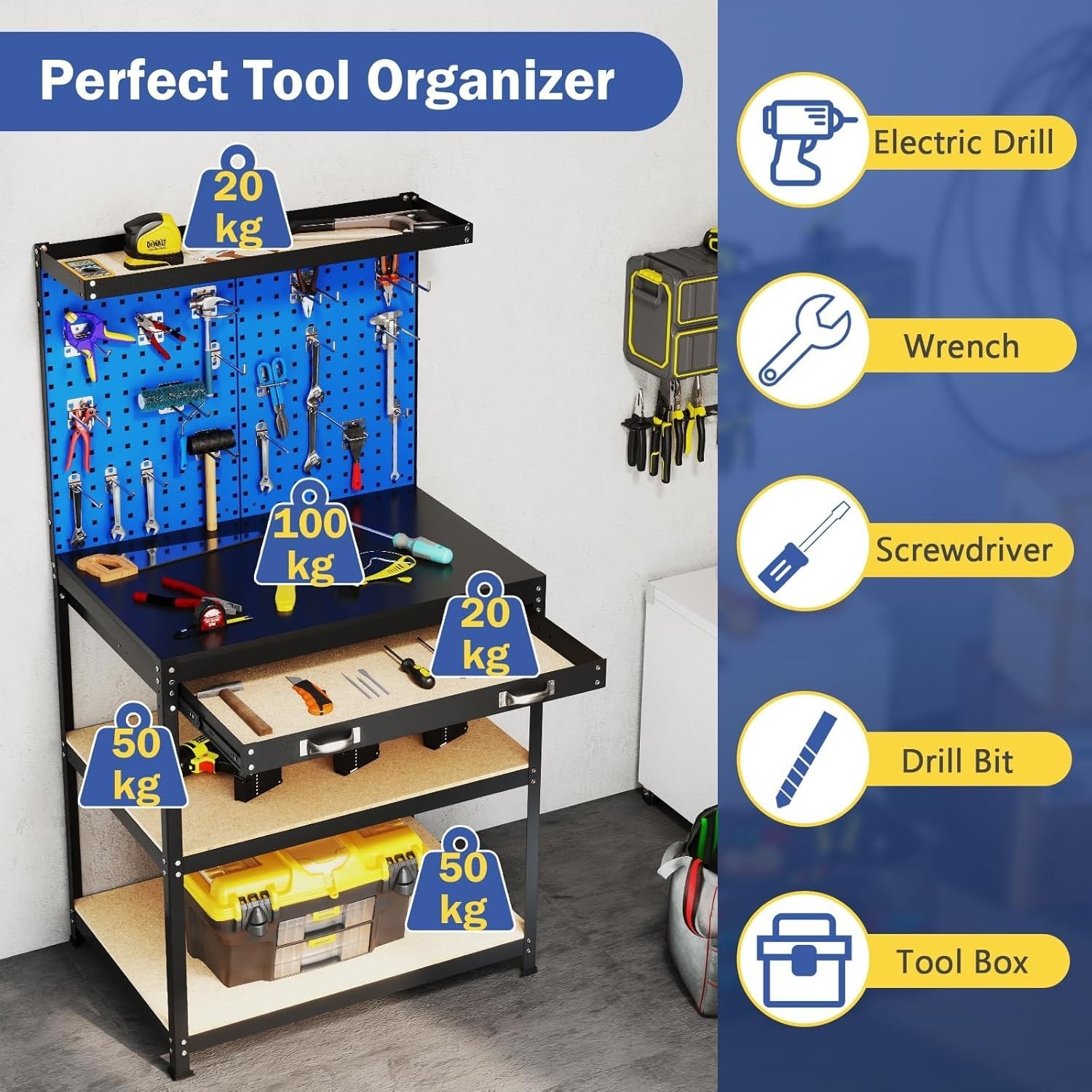 Heavy Duty Garage Workbench Pegboard Drawer Hooks Tool Station 81x41cm