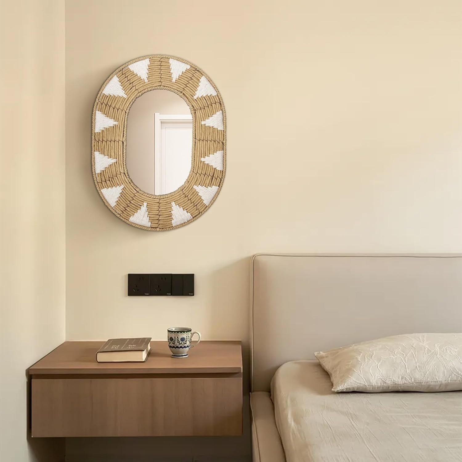 Oval Rattan Wall Mirror Boho Rustic Handwoven Home Decor 42x32cm