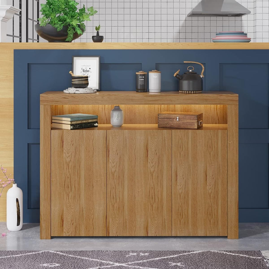 130cm Oak Sideboard TV Cabinet Unit with LED Lights Storage Modern