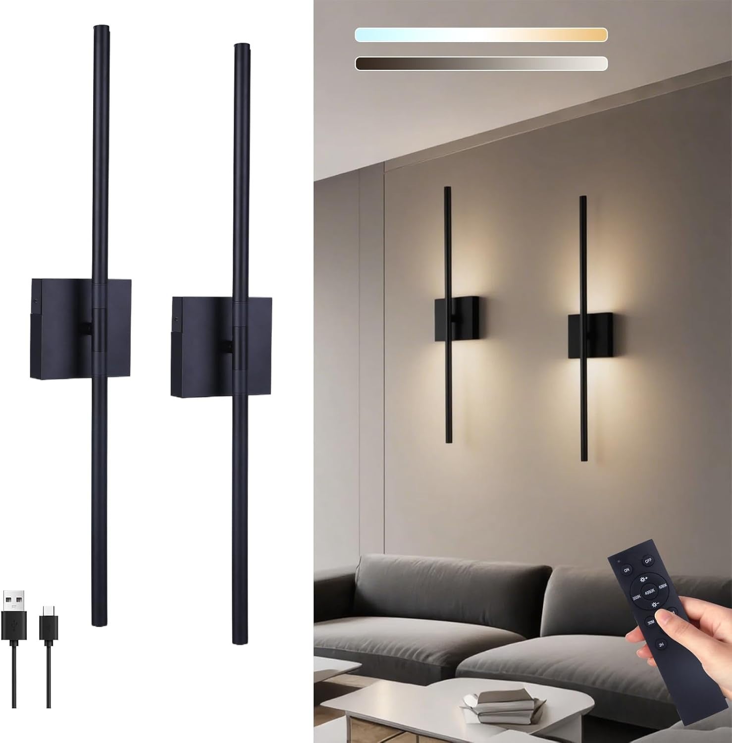 Rechargeable LED Wall Lights 2-Pack Touch Remote Dimmable 70CM Modern Sconce